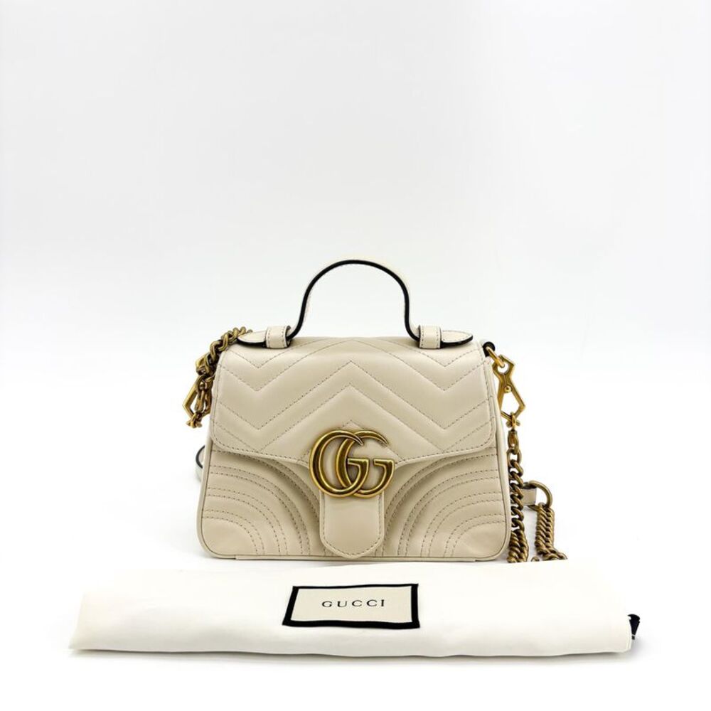 Gucci Gg Marmont Top Handle Flap Matelasse Leather White Leather Handbag - Picture 11 of 16
